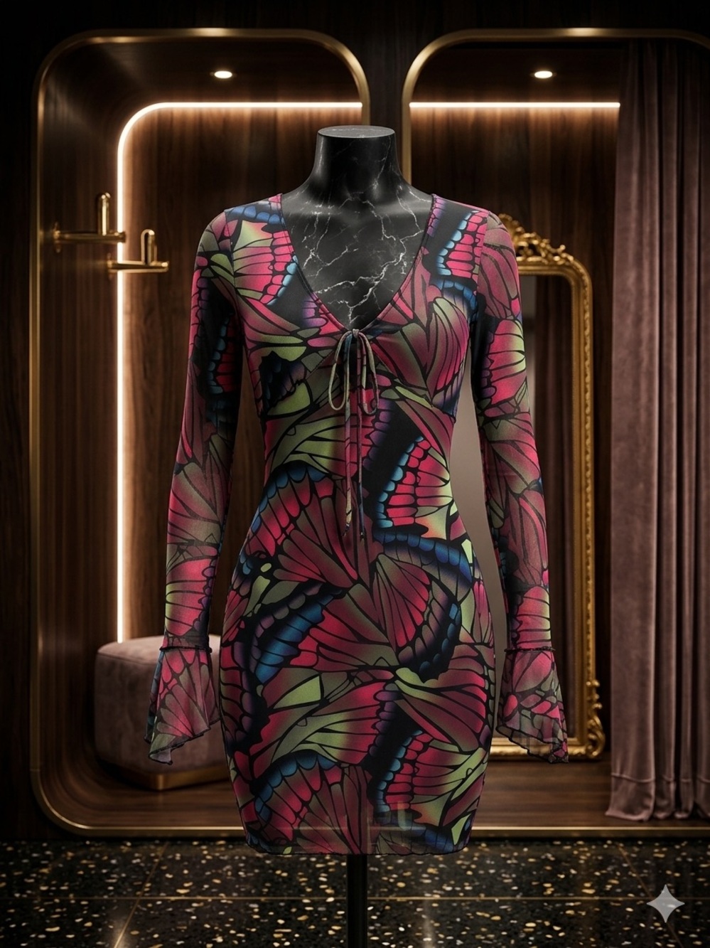 Fashion Nova Pink Butterfly-Print Long Sleeve V-Neck Dress
